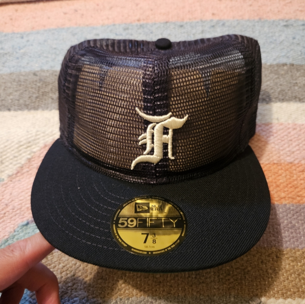Fear of God Black Mesh Trucker Hat with Cream 'F' Logo